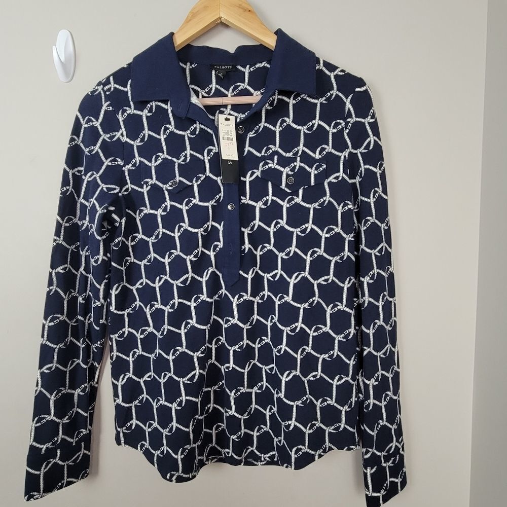 TALBOTS Chain Link Graphic Long Sleeve Collared Polo Cotton/ Spandex Small